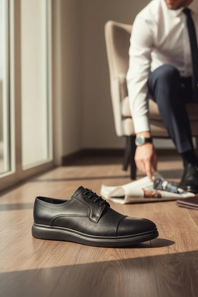 Enoch Erkek Siyah Hakiki Deri Klasik Ayakkabı Mikro Perfore Detaylı Saya Ve Comfort Tabanlı Bağcıklı Model ürün görseli 1