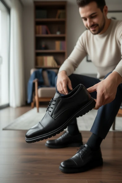 Enoch Erkek Siyah Hakiki Deri Klasik Ayakkabı Pürüzsüz Saya Ve Kalın Dişli Comfort Tabanlı Bağcıklı Model ürün görseli 1