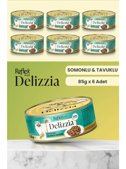 Reflex Plus Delizzia  Sos İçinde Parça Etli Somonlu & Tavuklu Yetişkin Kedi Maması 85g  6 Adet ürün görseli 1