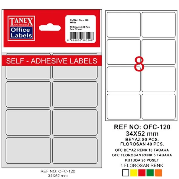 Tanex Ofis Etiketi Poşetli 34x55 MM Beyaz OFC-120 ürün görseli 1