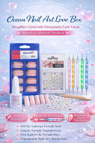Ocean Nail Art Love Box Sevgililer Günü Tırnak Tasarım Seti – Takma Tırnak, Nail Art & Yapıştırıcı (5'li Set) ürün görseli 1
