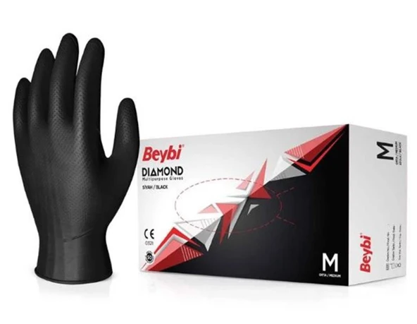 Beybi Diamond M Beden Pudrasız Kalın Siyah Nitril Eldiven Medium (Kutuda 100 Adet) ürün görseli 1