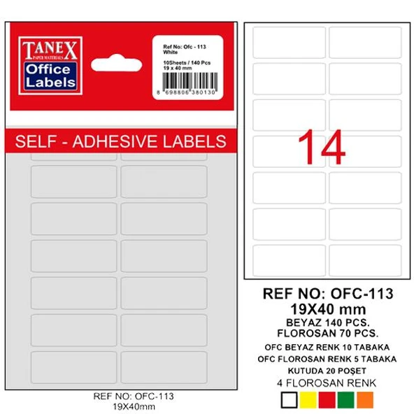Tanex Ofis Etiketi Poşetli 19x40 MM Beyaz OFC-113 ürün görseli 1
