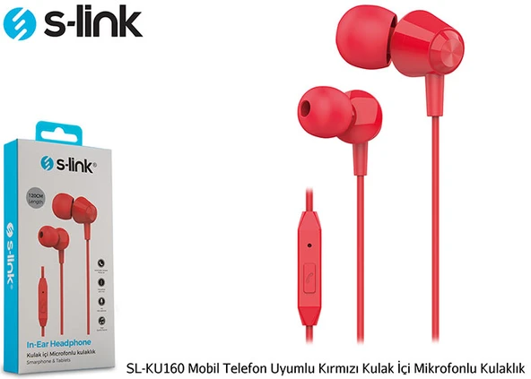 S-link SL-KU160 Mobil Telefon Uyumlu Kırmızı Kulak İçi Mikrofonlu Kulaklık ürün görseli 1