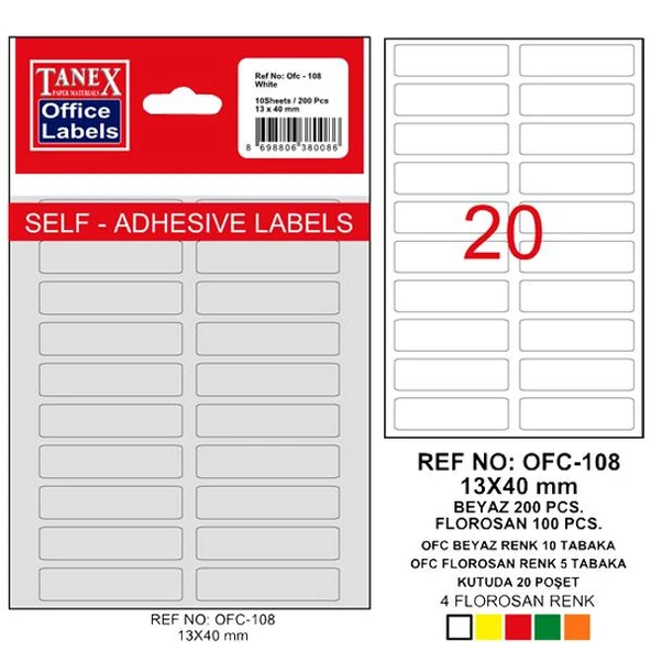 Tanex Ofis Etiketi Poşetli 13x40 MM Beyaz OFC-108 ürün görseli 1