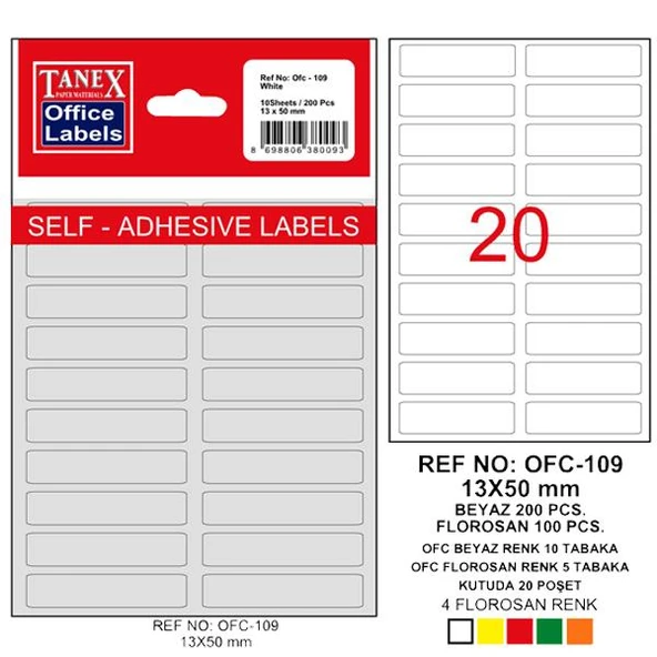 Tanex Ofis Etiketi Poşetli 13x50 MM Beyaz OFC-109 ürün görseli 1
