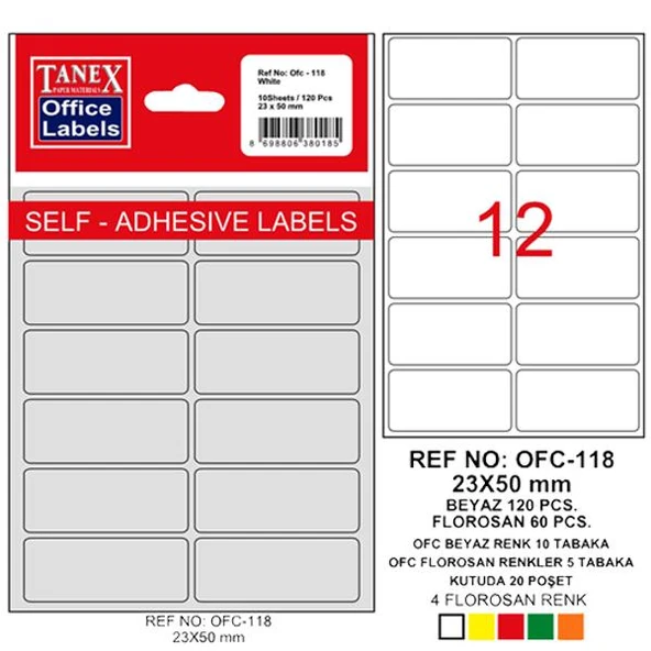 Tanex Ofis Etiketi Poşetli 23x50 MM Beyaz OFC-118 ürün görseli 1