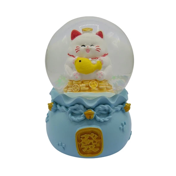 Maneki Neko Şans Kedisi Işıklı Kar Küresi Mavi 9cm ürün görseli 1