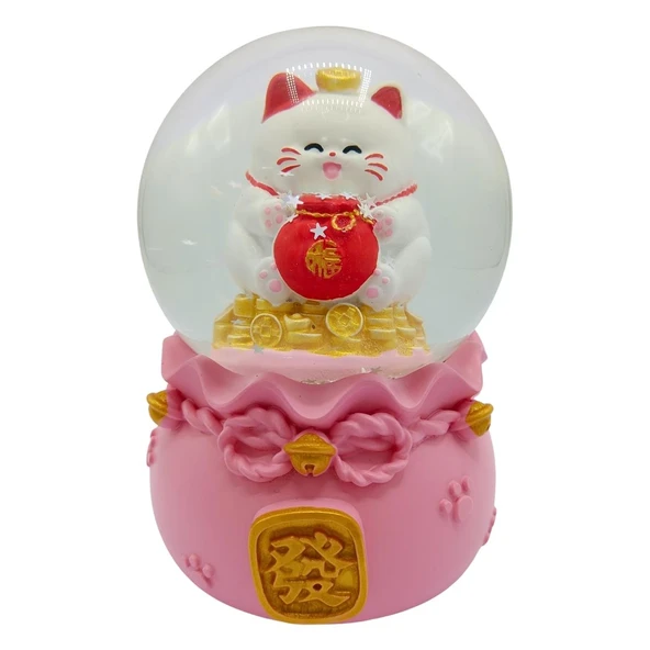 Maneki Neko Şans Kedisi Işıklı Kar Küresi Pembe 9cm ürün görseli 1