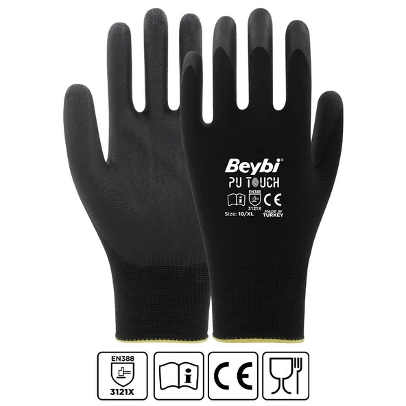 Beybi 7 Beden 12li Paket  Poliüretan Kaplı Pu Touch Siyah Montaj Eldiven  EN388 (3121X) ürün görseli 1