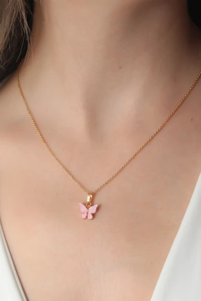 Gold Pembe Renk Kelebek Figür Kadın Kolye ürün görseli 1