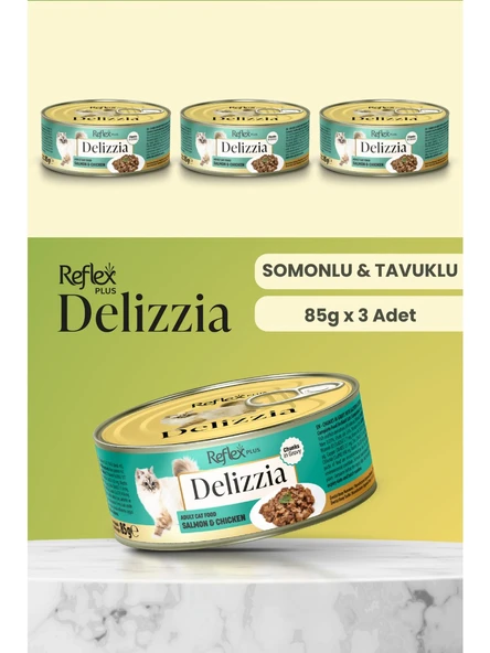 Reflex Plus Delizzia  Sos İçinde Parça Etli Somonlu & Tavuklu Yetişkin Kedi Maması 85g  3 Adet ürün görseli 1