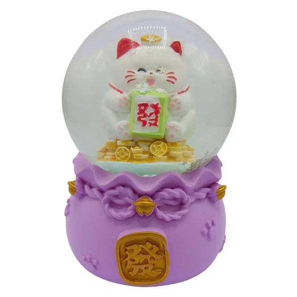 Maneki Neko Şans Kedisi Işıklı Kar Küresi Mor 9cm ürün görseli 1