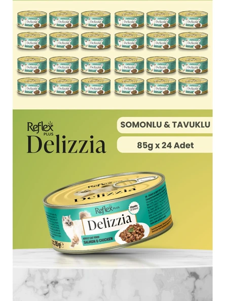Reflex Plus Delizzia  Sos İçinde Parça Etli Somonlu & Tavuklu Yetişkin Kedi Maması 85g  24 Adet ürün görseli 1