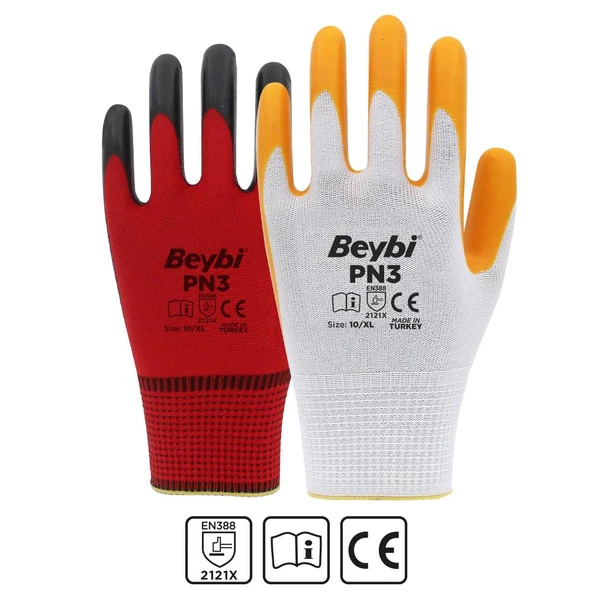 Beybi PN3 Beyaz Sarı 10 Beden Polyester Örme Nitril Eldiven 12li Paket EN388 (2121X) ürün görseli 1