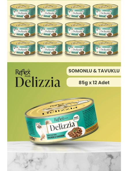 Reflex Plus Delizzia  Sos İçinde Parça Etli Somonlu & Tavuklu Yetişkin Kedi Maması 85g  12 Adet ürün görseli 1