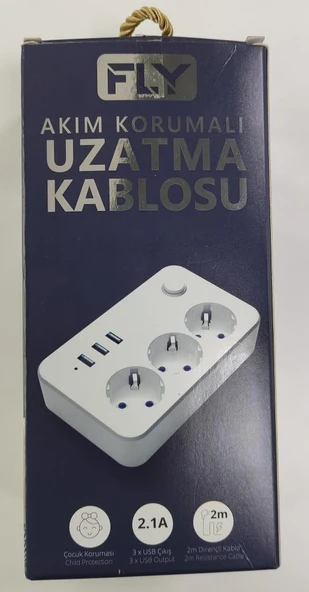 Fly 3406-01 3lü Anahtarlı 2.1A 3Usb Şarj Çıkışı 2mt Anahtarlı  Akım Korumalı Priz Çocuk Koruması ürün görseli 1