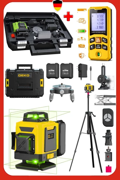 Deko 3'lü Tripotlu 4D 16 Çizgili Lazer Hizalama 50Mt Mesafe Ölçer Otomatik Terazili Hizalama Set ürün görseli 1