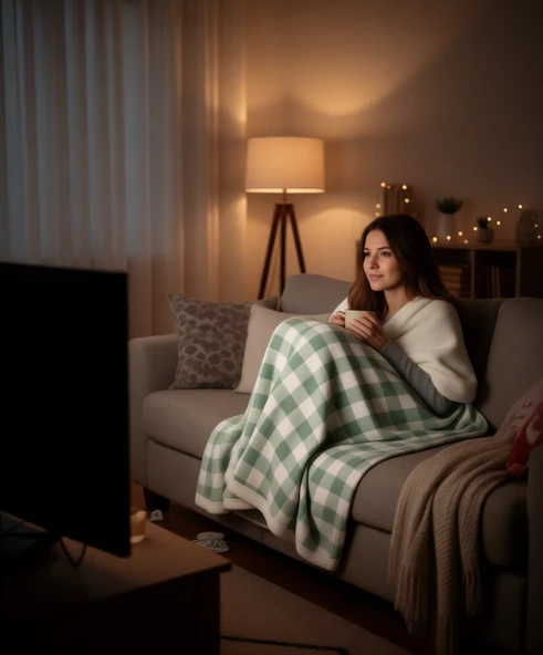 Sıcak Tutan TV Battaniyesi Yeşil 140x200 cm Pamuk Polyester Yumuşak Doku ürün görseli 1