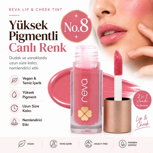 Vegan & Temiz İçerikli Lip & Cheek Tint – 2’si 1 Arada Doğal Renk, Nem ve Işıltı No.8 ürün görseli 1