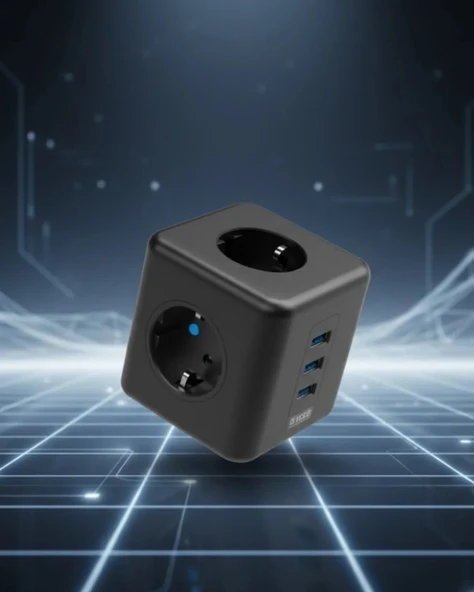 Elektronik Cihazlar İçin Akım Korumalı 3 Prizli Usb’li Küp Priz ürün görseli 1