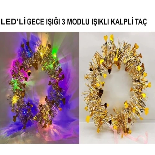 Kalp Püsküllü 3 Modlu LED Işıklı Taç Altın Renk ürün görseli 1