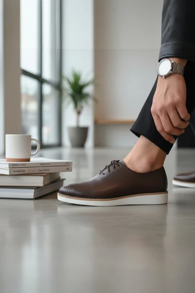Enoch Erkek Kahverengi Hakiki Deri Klasik Ayakkabı Minimalist Brogue Detaylı Ve Kontrast Beyaz Tabanlı Bağcıklı Model ürün görseli 1
