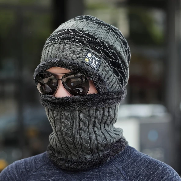 Kışlık Erkek Trend Örgü Şapka ve Boyunluk Seti Gri ürün görseli 1