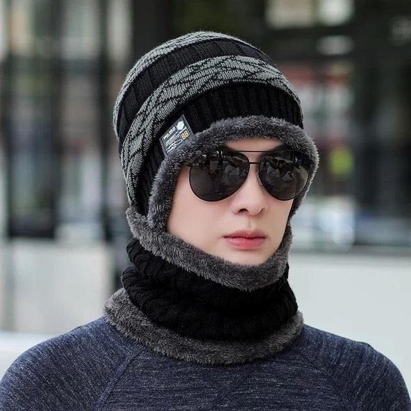 Kışlık Erkek Trend Örgü Şapka ve Boyunluk Seti Siyah ürün görseli 1