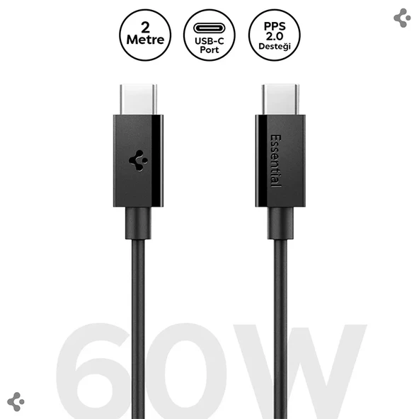 Spigen USB-C to USB-C 2 Metre Kablo 60W Güç / PPS 2.0 Super Hızlı Şarj / 480 Mbps Data Aktarım Hızı Type-C Ekstra Dayanıklı Black ürün görseli 1