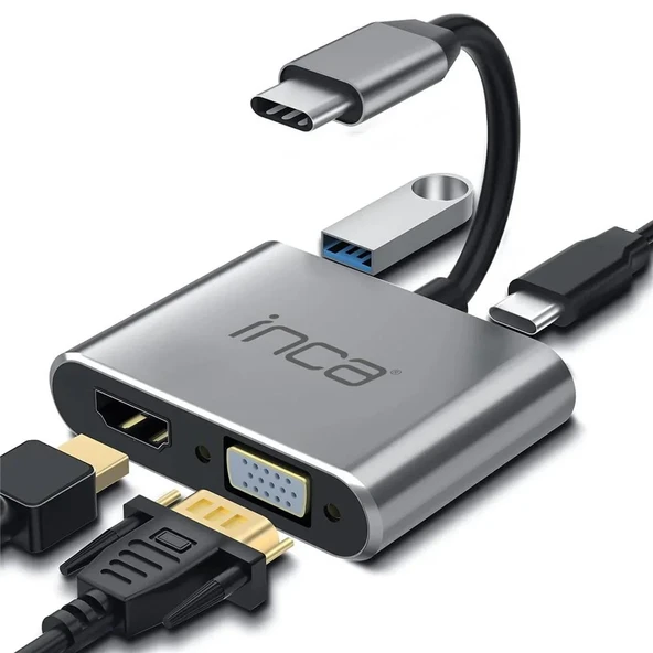 Inca ITPC-06TX USB C 4in1 – HDMI+VGA+USB+Güç Dağıtım Adap 4K@30Hz HDMI Çoklayıcı 100W PD Güçı ürün görseli 1