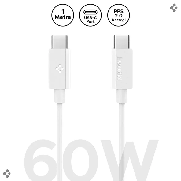 Spigen USB-C to USB-C 1 Metre Kablo 60W Güç / PPS 2.0 Super Hızlı Şarj / 480 Mbps Data Aktarım Hızı Type-C Ekstra Dayanıklı White ürün görseli 1