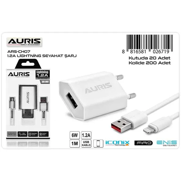 Auris Şarj Aleti + Lightning Kablo 1A 5W ürün görseli 1