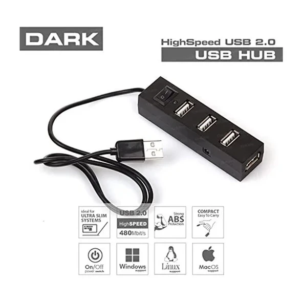 Dark Dk Ac Usb241 4 Port Açma/Kapama Butonlu Usb2,0 Hub ürün görseli 1