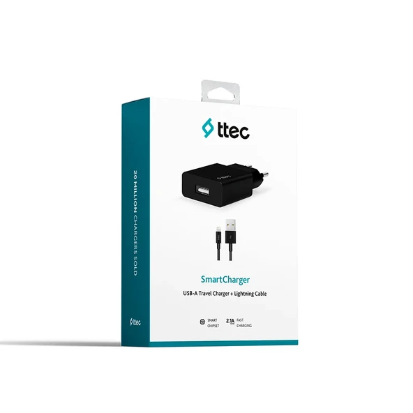 Ttec 2SCS20LS SmartCharger 2.1A Seyahat Şarj Aleti + Lightning Kablo,Siyah ürün görseli 1