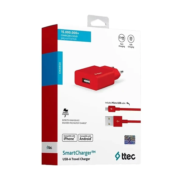 Ttec 2SCS20MK SmartCharger 2.1A Seyahat Şarj Aleti + Micro USB Kablo,Kırmızı ürün görseli 1