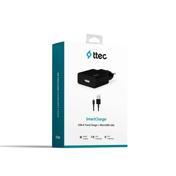 Ttec 2SCS20MS SSmartcharger Seyahat Şarj Aleti 2.1A + Micro Usb Kablo,Siyah ürün görseli 1