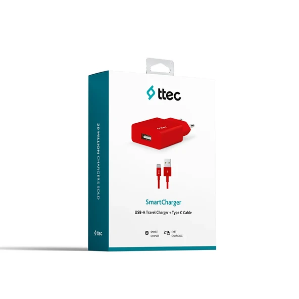 Ttec 2SCS20CK SmartCharger 2.1A Seyahat Şarj Aleti + Type-C Kablo,Kırmızı ürün görseli 1
