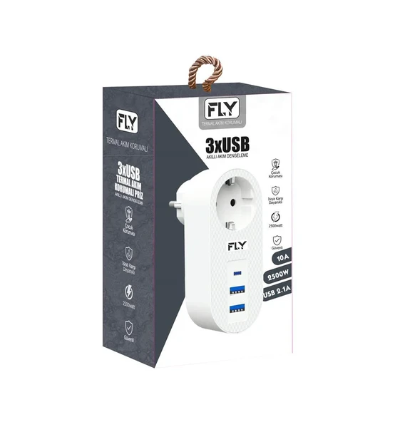 FLY-3400-01 Akım Korumalı.1 li Priz 2-Usba 1-C Soket 2.1A 10A 2500W ürün görseli 1