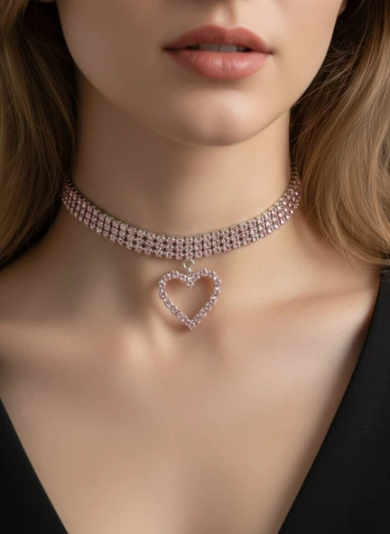 Üç Sıralı Kalp Figürlü Kristal Taşlı Choker Tasma Pembe Renk Kolye ürün görseli 1