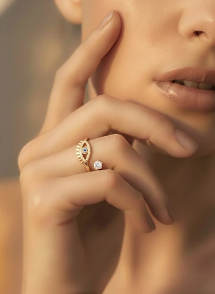 Ayarlanabilir Nazar Model Zirkon Taşlı Gold Renk Çelik Yüzük ürün görseli 1
