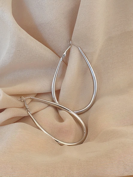 Damla Model Halka  Silver Renk Çelik Küpe 6cm - Resim 2