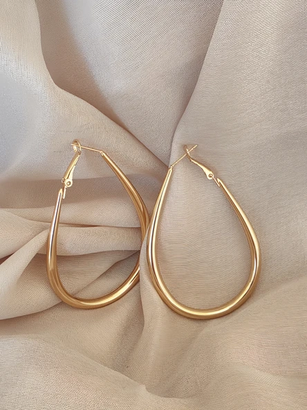 Damla Model Halka Gold Renk Çelik Küpe 6cm - Resim 3