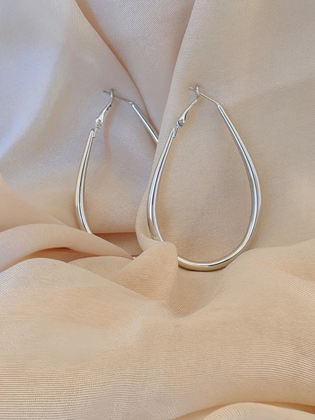 Damla Model Halka  Silver Renk Çelik Küpe 6cm - Resim 3
