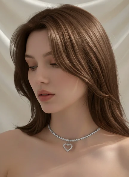 Tek Sıralı Kalp Figürlü Kristal Taşlı Choker Tasma Silver Renk Kolye ürün görseli 1