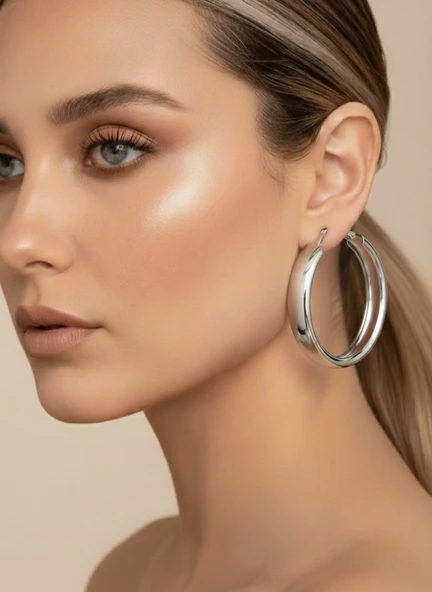 Halka Model Silver Renk Çelik Küpe 5cm ürün görseli 1
