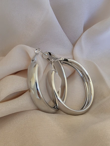 Halka Model Silver Renk Çelik Küpe 5cm - Resim 2