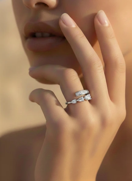 Ayarlanabilir Damla Model Zirkon Taşlı Silver Renk Çelik Yüzük ürün görseli 1