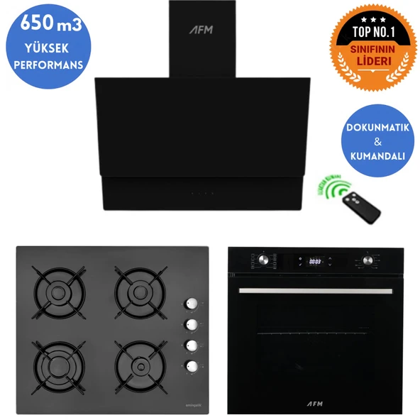 Eminçelik ve AFM TECH Markalı /Zenon  Dijital Turbolu Siyah Ankastre Set (12 225 + FM7700 + FM3400) ürün görseli 1