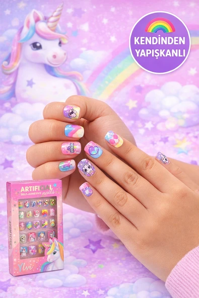 Ylvi Unicorn Desenli Kendinden Yapışkanlı Çocuk Takma Tırnak Seti 24 Parça ürün görseli 1